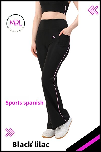 missmaral Women's Tights, Trousers, High Waist, Black/Lilac Stripe Detail, with Pocket 1042