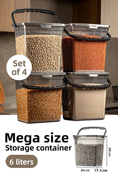 Vienev حاوية الدقيق والبقوليات المربعة 4 قطع ميجا سايز 6 لتر - حاوية صندوق تخزين المنظفات بمقبض أنثراسايت