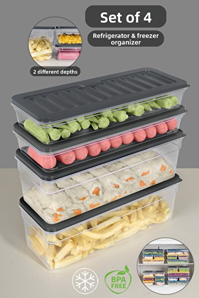 Meleni Home Set de 4 organizatoare pentru frigider antracit - Recipient pentru congelator pentru cuptor cu microunde adânc și superficial