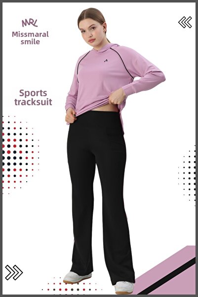 missmaral Γυναικεία αθλητική φόρμα καμπάνα τεμαχίων με διπλές τσέπες κάτω & με κουκούλα τσέπες καγκουρό επάνω λιλά χρώμα 3053