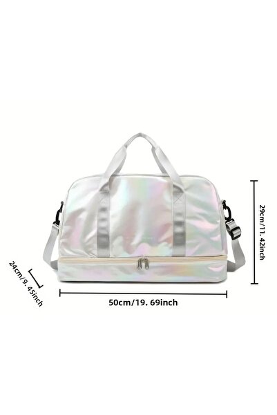 Alaçatı حقيبة رياضية نسائية بيضاء ساطعة، حقيبة أمتعة ذات سعة كبيرة، حقيبة متعددة الوظائف