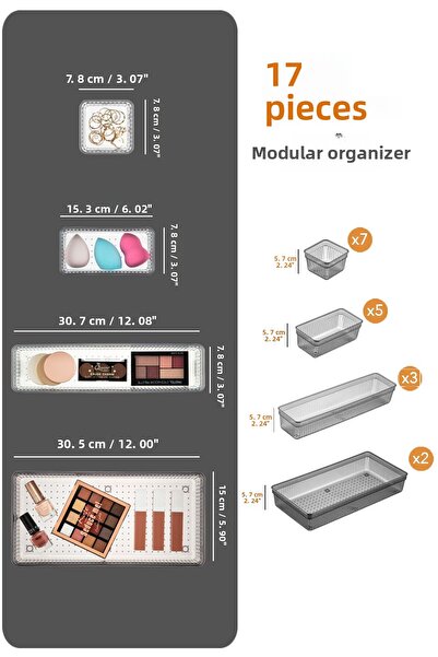 Meleni Home منظم أدراج مكون من 17 قطعة - منظم ملحقات مستحضرات التجميل باللون الأسود