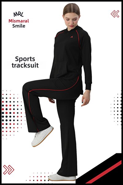 missmaral Μαύρο γυναικείο αθλητικό σετ αθλητικών φόρμας - Ισπανικό πόδι, διπλές τσέπες, κουκούλα, τσέπες καγκουρό 3053