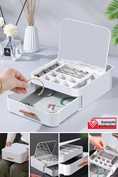 Piev منظم مكياج متعدد الأقسام من House By House مع درج ومرآة بلون كريمي