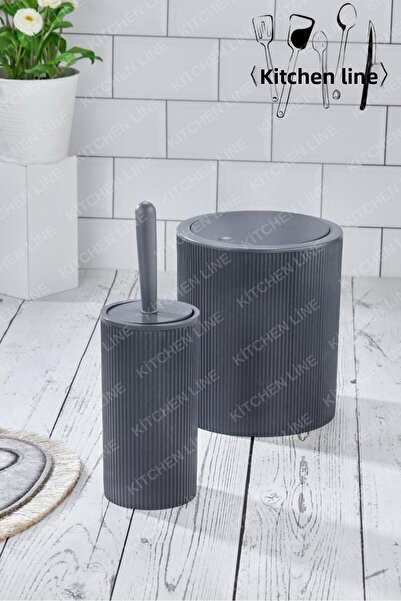 Kitchen Line Round Trash Can and Toilet Brush Set - Dark Gray Bathroom Set