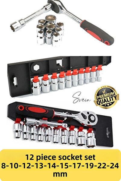 Svein Set de chei tubulare premium, 12 piese - cu clichet, suport și reglare ...