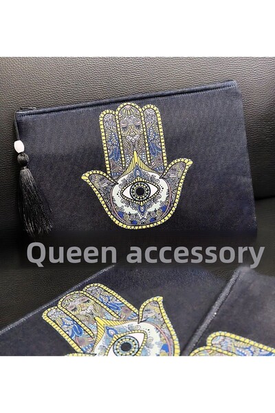 QUEEN AKSESUAR Fatima's Hand Fatma Mother Hamsa Ethnic Mystical Patterned Motif Zipper Tassel Clutch Handbag