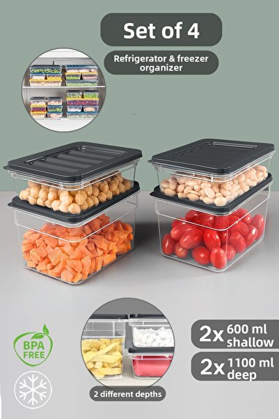 Meleni Home Set de 4 organizatoare pentru frigider antracit - Recipient pentru congelator pentru cuptor cu microunde adânc și superficial