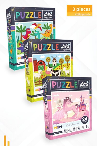 Neverland 3-Piece Children's Puzzle - 24 Pieces Cute Dinosaurs and Farm Anima...