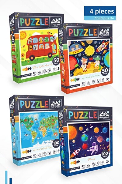 Neverland 4-Piece Children's Puzzle - Bus, Moon Animals, Animal World Map and...