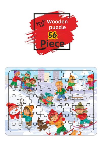 Leelii Tasarım 56 Pieces Cute Bus and Space Playing Wooden Puzzle Jigsaw Puzzle - Set of 4
