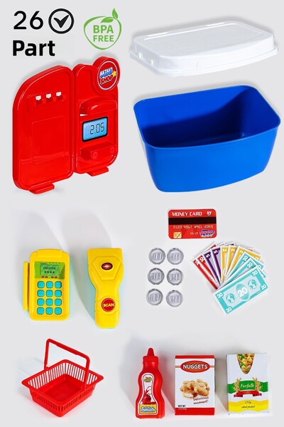 Meleni Toys مجموعة ألعاب السوق المكونة من 26 قطعة - مجموعة ألعاب تعليمية لتسجيل النقدية مع حقيبة حمل وملحقات