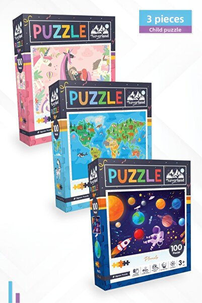 Neverland لغز للأطفال مكون من 3 قطع - 100 قطعة خريطة وحيد القرن والحيوانات وك...