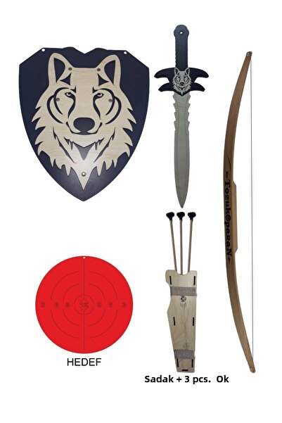 Ahtek Natural Wooden Arrow Bow + Wolf Head Shield + Sword + Quiver + Target Black