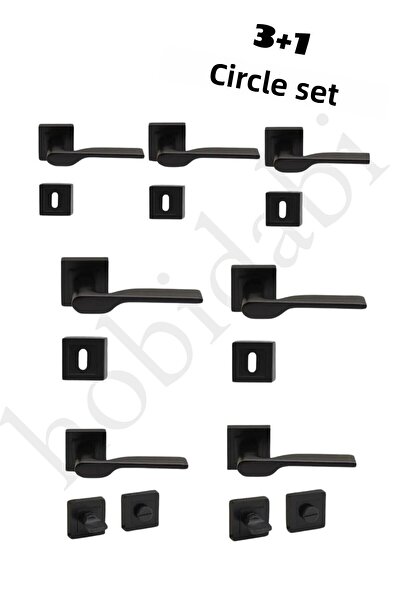 HOBİDABİ Set de mânere de ușă Black Zenit Design - Seria Eda Square Rosette - Set 3 1 (5 CAMERĂ 2 WC) Mâner de ușă