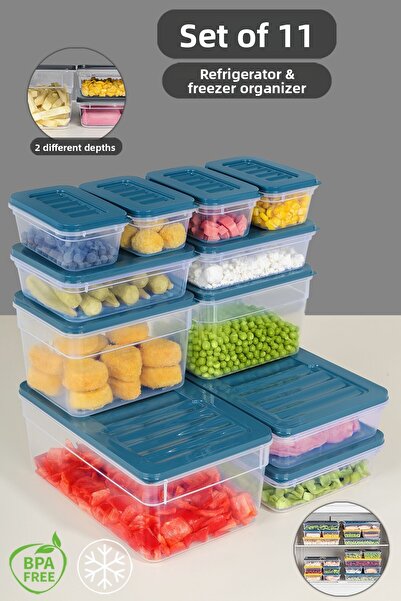 Meleni Home Set de 11 organizatoare albastre pentru frigider - container de depozitare adânc și superficial