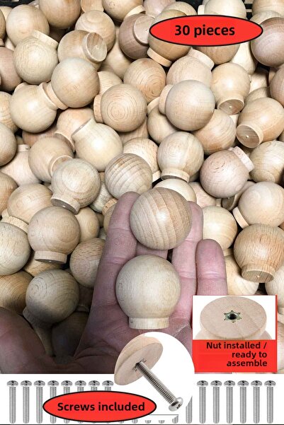 deepowls 30 Pieces Wooden Ball Handle 37mm in diameter Natural Beech Wood Dra...