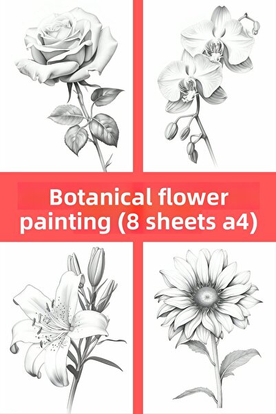Welly Jones Botanical Flower Coloring Pages 1, (8 Pieces A4 Size)