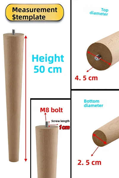 Badem10 Picior de mobilier din lemn cu 4 aparate 50 cm Masuta de cafea Masa de mijloc Taburet Puf Unitate TV Picioare M8