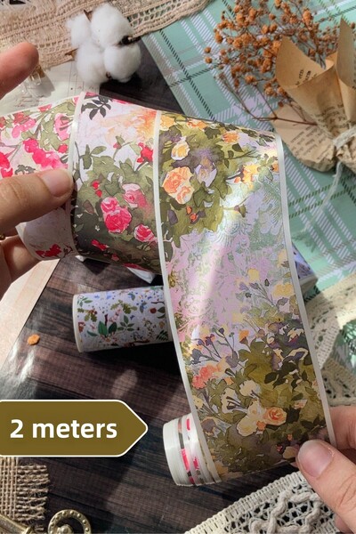 Hume Craft Bandă Washi cu model floral vintage de 2 metri - roz și galben, pe...