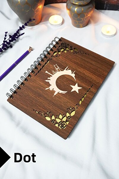 markcat Turkish Flag Wooden Cover Spiral Notebook - Dotted Notebook - 60 Sheets (120 Pages) - A5 15X21 cm