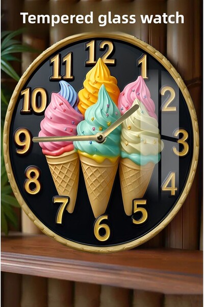 kutuTR ساعة زجاجية مقسى بتصميم ثلاثي الأبعاد مع تصميم الآيس كريم - 33 سم CSDW241