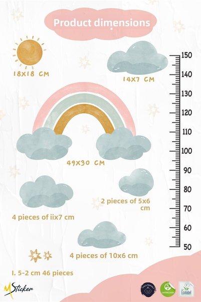 MSticker Rainbow Sun Cloud and Stars Themed Height Meter Height Chart Sticker Set in Soft Colors Children