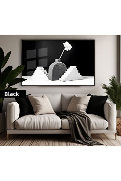 Harikabirev HARİKABİREV | CULOARE NEGRU&ALB MODEL TRANDAFIR BOHEM | TABLO DE STICLA TEMPLATA CU CADRU ORIZONTAL