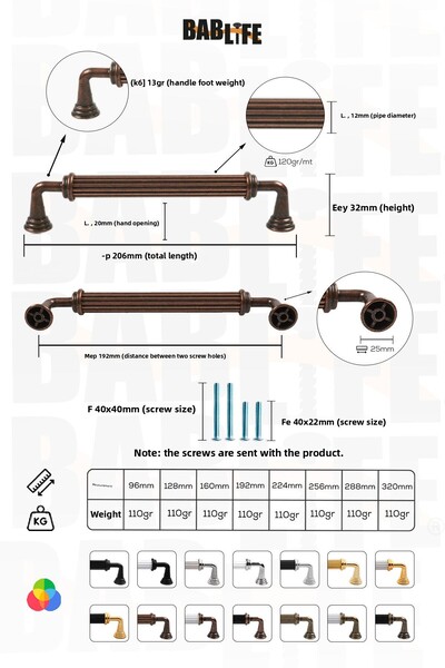 bablife Melis Metal 192mm Cupru antic Sertar de lux Mânere de mobilier pentru dulap cu toate opțiunile de culoare