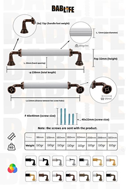 bablife Melis 224mm White-Antique Copper Metal Luxury Drawer Cabinet Furniture Handle with All Color Options