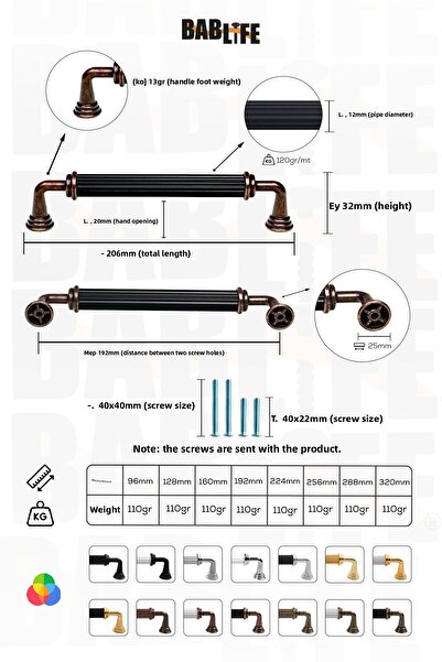 bablife Melis 192mm Negru - Mânere de mobilier pentru dulapuri de lux din metal antic cupru, cu toate opțiunile de culoare