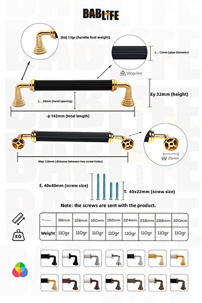 bablife Melis 128mm Negru - Mânere de mobilier pentru dulapuri de lux din metal auriu, cu toate opțiunile de culoare