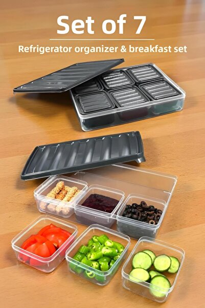 Justyol Set of 7 Covered Breakfast Storage Containers – 6 Compartment Breakfast Organizer with Tray