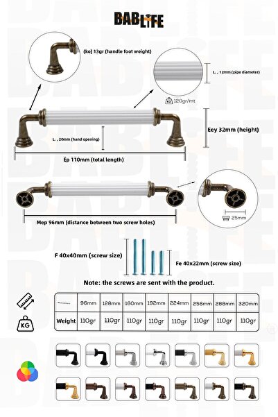 bablife Melis 96mm White-Antique Yellow Metal Luxury Drawer Cabinet Furniture Handle with All Color Options