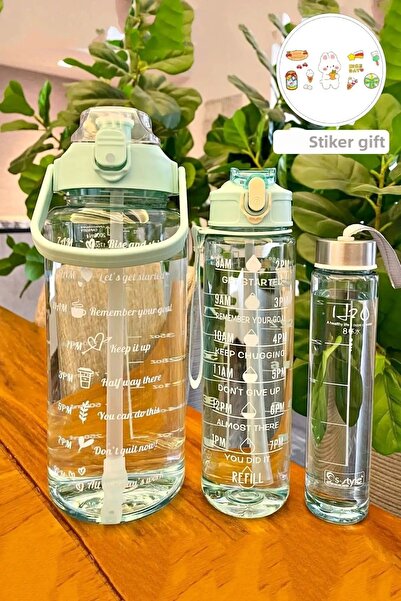 Berdina Home 3-Piece Motivational Water Bottle Soft Green Stickered Portable ...