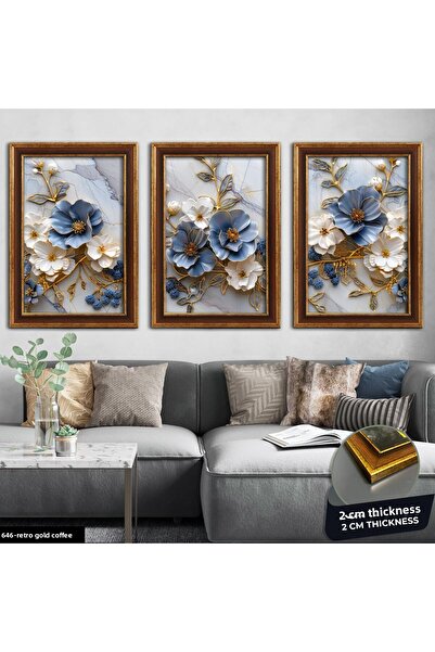 Evinemoda Blue White Flowers Framed Painting with Gold Leaf Detail 3 Pieces Cvplk