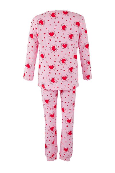 Trendyol Curve Pink Heart T-Shirt-Jogger Knitted Pajamas Set Tbbaw23Ai00021