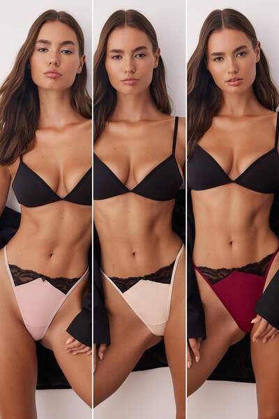 Trendyol Collection Burgundy-Powder-Beige 3-Piece Cotton Lycra Lace Detailed Thong Panties Thmaw26Ku00006