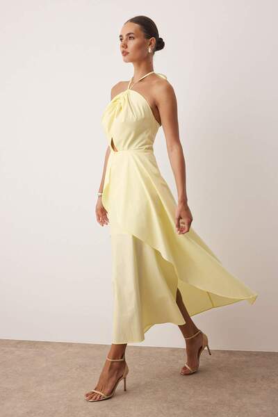 Trendyol Collection Light Yellow Cut Out Detailed Poplin Midi Woven Dress Twoss25El00922