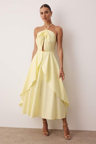 Trendyol Collection Light Yellow Cut Out Detailed Poplin Midi Woven Dress Twoss25El00922