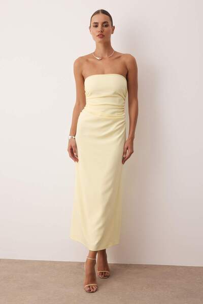 Trendyol Collection Light Yellow Strapless Midi Woven Dress Twoss25El00918