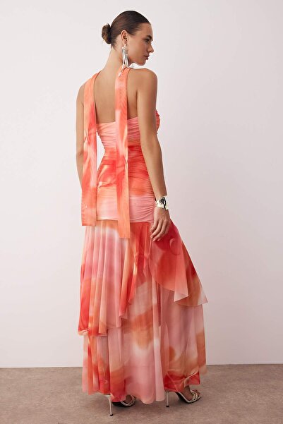 Trendyol Collection Pink-Multicolor Scarf Detailed Lined Evening Dress Tprss25Ae00193