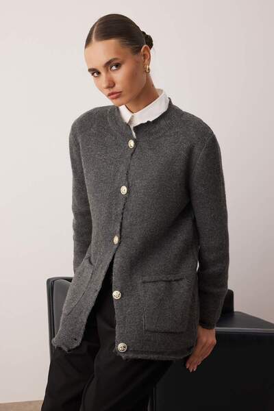 Trendyol Modest Anthracite Button Detailed Knitwear Cardigan Tctaw26Th00015