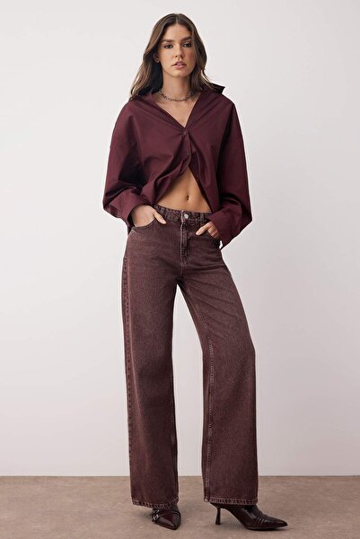 Trendyol Collection Burgundy High Waist Vintage Wash Custom Color Denim Wide Leg Jeans Twoaw26Je00110