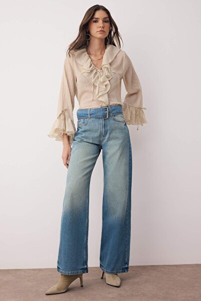 Trendyol Collection Blugi albastri cu talie înaltă, cu curea, cu picioare largi TWOAW26JE00034