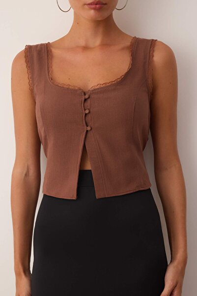 Trendyol Collection Brown Square Collar Strap Crop Woven Blouse Twoss25Bz00118
