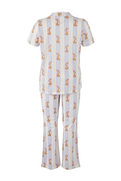 Trendyol Curve Cream Rabbit Pattern Shirt Collar Knitted Pajamas Set Tbbaw25Ai00039