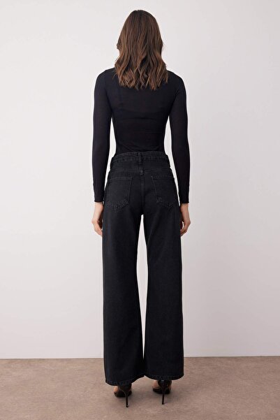 Trendyol Collection Μαύρο ψηλόμεσο πέτρινο λεπτομερές φαρδύ τζιν με φαρδύ πόδι TWOAW26JE00116