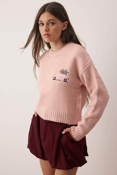 Trendyol Collection Pink New Year Themed Soft Textured Crop/Short Knitwear Sweater Twoaw26Kz00174