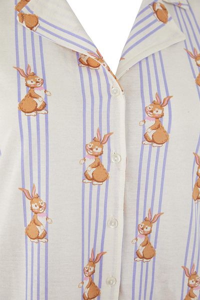 Trendyol Curve Cream Rabbit Pattern Shirt Collar Knitted Pajamas Set Tbbaw25Ai00039